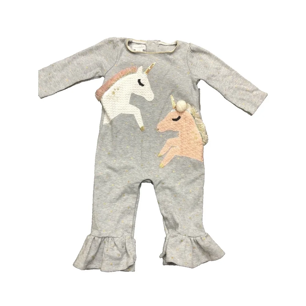 Mud Pie Gray Long Sleeved Unicorn Ruffle Bottom Snap Sleeper Size 6-9 Months